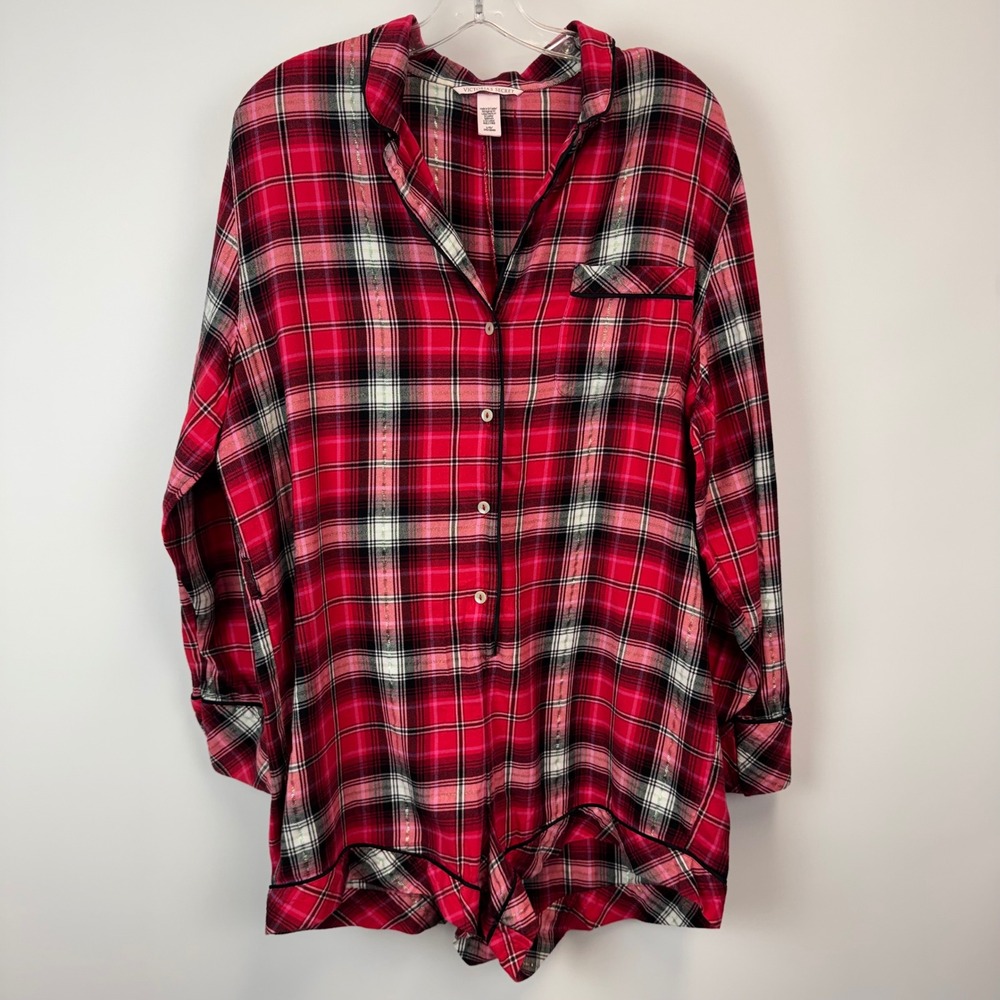 Victoria's Secret Red Plaid Metallic Long Sleeve Romper Sleepwear Womens Large